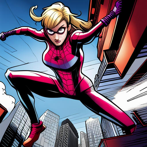 Gwen Stacy, Ghost Spider, Marvel, Spider-Verse, superhero, comic book, inked illustration, vibrant colors, dynamic composition, action-packed, web-slinging, crime-fighting, urban setting, graffiti, street art, dramatic lighting, aerial perspective, acrobatic poses, masked vigilante, parallel dimensions, alternate universes, teenage protagonist, coming-of-age story, emotional journey, secret identity, iconic costume, webbed patterns, intense moments, powerful emotions, high energy, sequential art, panel layout, dramatic angles, expressive linework, capturing motion