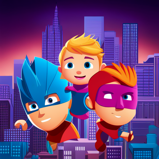 pjmasks, saving the planet, superheroes, action, adventure, colorful, dynamic, vibrant, children's show, animated, brave, teamwork, masks, costumes, heroic, powers, villains, justice, mission, mission control, daytime, cityscape, skyline