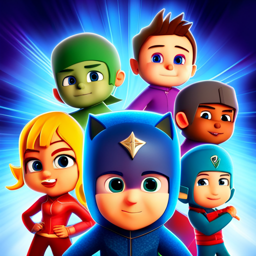 pjmask, cartoon characters, animated, vibrant colors, energetic, action-packed, superhero, children's show, animated series, 3D animation, adventure, teamwork, masks, mystery, young heroes, nighttime, dynamic poses, dynamic composition, anime, children's television show, PJ Masks, cartoons, comic book style, exaggerated expressions, adventurous, stylized animation