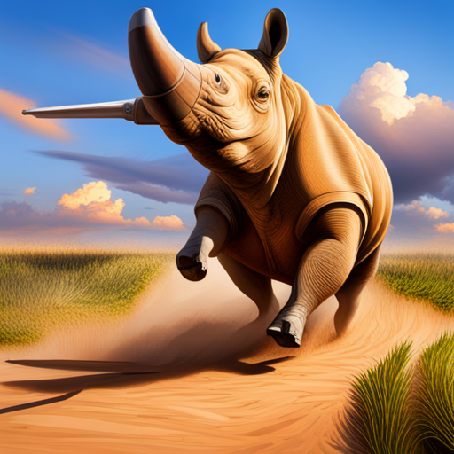 rhino, stealing, bank, action, dynamic composition, vibrant colors, exaggerated perspective