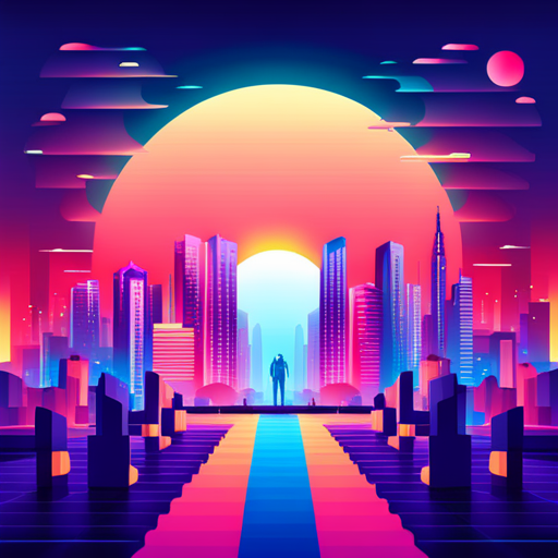 retrofuturism, abstract, vector, cyberpunk, technology, futuristic, neon, vaporwave, glitch art, geometric shapes, electric colors, synthwave, dark cityscapes