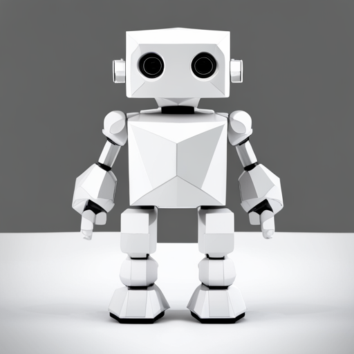 Minimalist, geometric, low-poly robot sculpture, emphasizing cuteness through simplicity. Clean white background and light sources enhance the low-poly texture.