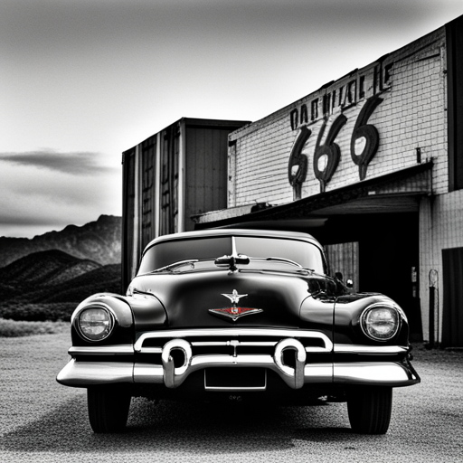 Vintage automobiles, mid-century modern design, chrome accents, monochromatic tones, sleek lines, tailfins, American muscle, leather interiors, drive-in theaters, Route 66, glamorous Hollywood stars, black and white photographs, road trips, gas guzzlers, nostalgic nostalgia