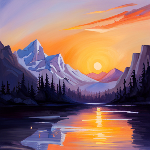 majestic mountains, breathtaking sunset, vibrant colors, dramatic shadows, landscape painting, wilderness, realism, natural beauty, awe-inspiring, outdoor adventure, panoramic view, crisp details
