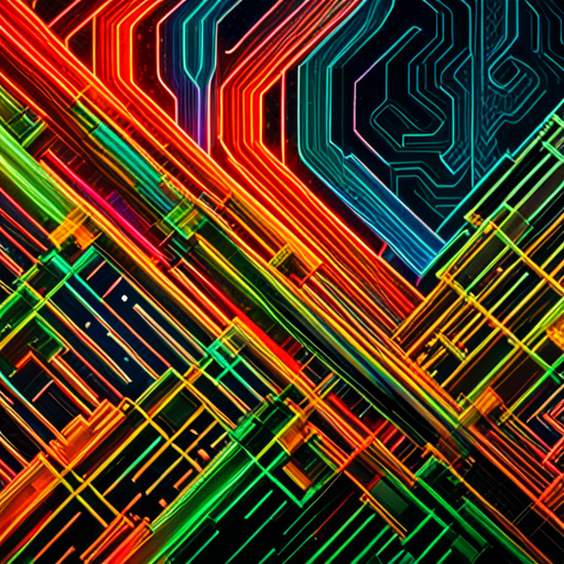 futuristic, artificial intelligence, maximalism, generative art, neon colors, technology, complex patterns, glitch art, cyberpunk, machine learning, wires and circuits, abstract expressionism