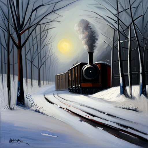 snowy day, train, Kees Maks, oil on canvas, deviantart, figurative art, detailed painting, acrylic art, impressionism, winter landscape, Dutch artist, snowy scenery, realistic portrayal, brushstrokes, color palette, atmospheric perspective, capturing light, snowy environment, locomotive, transportation, snowy landscape, snowy scene, winter season, frozen landscape
