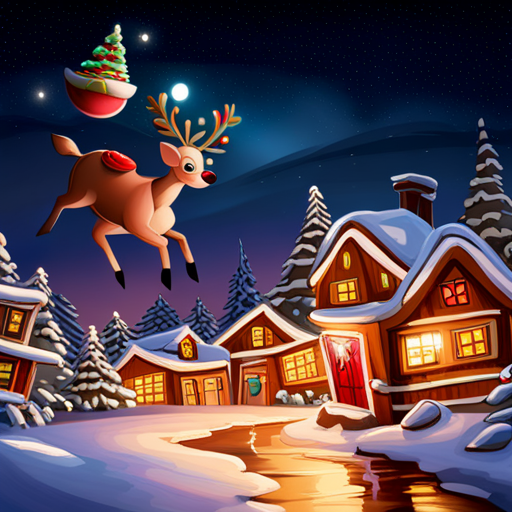 reindeer, Santa, delivering presents, winter, holiday, magical, flying, sleigh, chimney, snowy landscape, festive, joy, gift-giving, red-nosed, Rudolph, Santa Claus, jolly, elves, workshop, snowflakes, starry night, Christmas