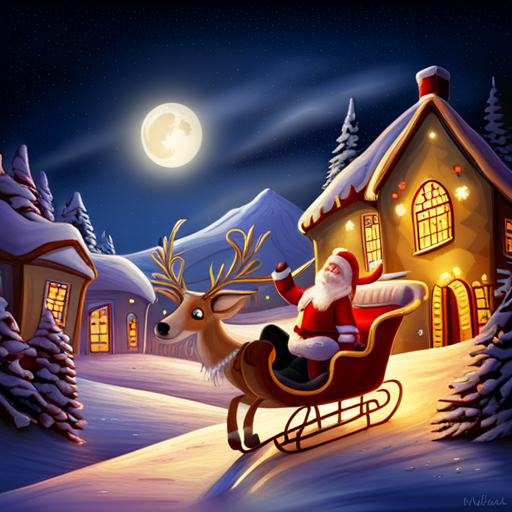reindeer, Santa Claus, delivering presents, magical, winter wonderland, whimsical, holiday spirit, sleigh, flying, snowy landscape, starry night, festive atmosphere, joyful, celebration, mythical creatures, gift-giving, Christmas, enchanting, fairytale, dreamlike, mystical, fantasy