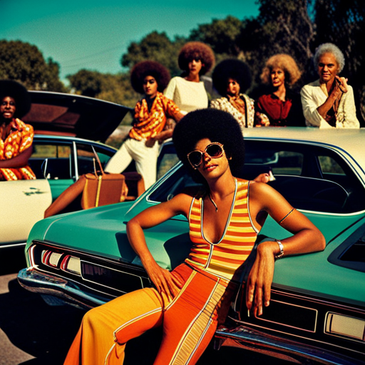 grainy film, retro nostaligia, warm color palette, disco culture, funky patterns, bell bottom pants, afro hairstyles, 70s fashion, vintage cars, hazy sunsets, groovy music