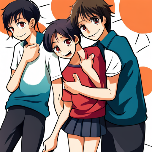 cute illustration, manga, school life, romance, friendship, teenage girl, group of boys, vibrant colors, expressive characters, dynamic poses