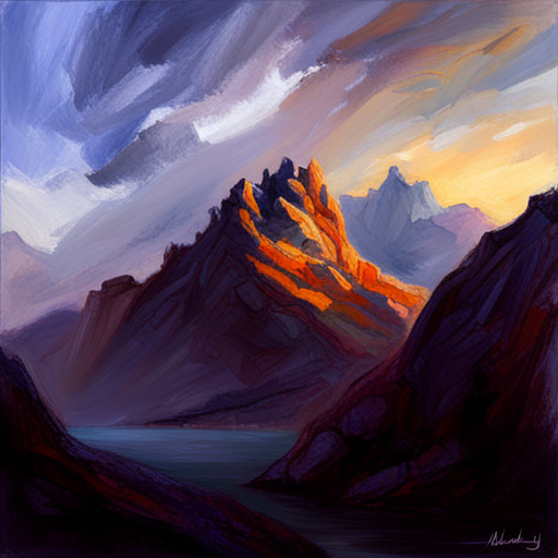 majestic peaks, rugged terrain, atmospheric perspective, muted colors, Impressionism, Hudson River School, light and shadow, texture, acrylic paint, naturalism, serenity, grandeur, scale, plein air, rocky outcroppings, dramatic sky, asymmetry, depth, soft brushstrokes, tranquility, digital painting, pixel art, atmospheric lighting