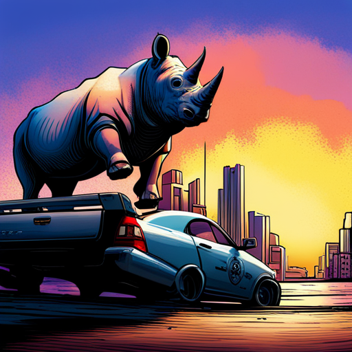 rhino, stealing, bank, heist, action, adventure, comic, pop art, vibrant colors, dynamic composition, dramatic lighting, suspense, crime, urban, gritty, fast-paced, thrilling, intense, adrenaline, explosive, cityscape, vault, money, escape, chase, heroes, villains, bank teller, police, masks, stealth, getaway car