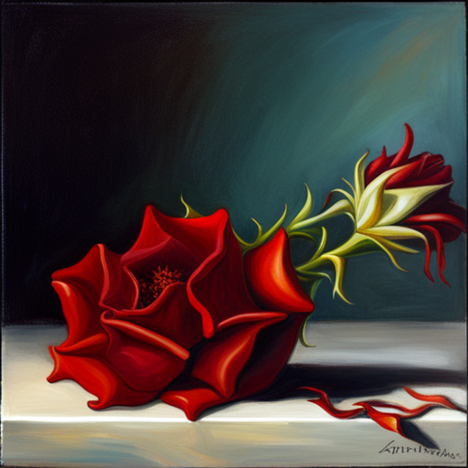 Romanticism, Still-Life, Oil Painting, Impressionism, Art Nouveau, Warm Lighting, Chiaroscuro, Emotional Symbolism, Thorns, Red Petals, Life Cycle, Fragility, Beauty, Nature