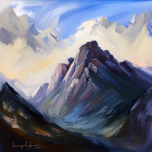 majestic peaks, rugged terrain, atmospheric perspective, muted colors, Impressionism, Hudson River School, light and shadow, texture, acrylic paint, landscape painting, naturalism, serenity, grandeur, scale, plein air, rocky outcroppings, dramatic sky, asymmetry, depth, soft brushstrokes, tranquility painting