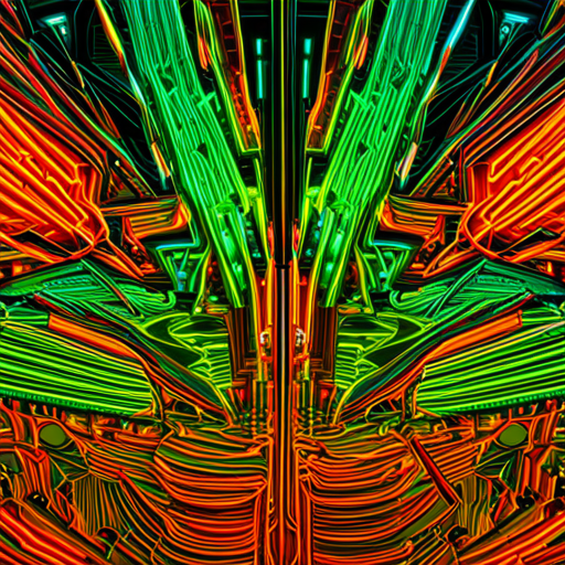 Futuristic technology, AI, maximalism, complex geometry, vibrant color palette, Ray Kurzweil, transcendent man, circuit boards, virtual reality, augmented reality, nanotechnology, data visualization, cyberpunk aesthetic, dystopian society, neon lighting, exponential growth, science fiction, machine intelligence, singularity, glitch art, Andreas Gursky's photography, Robert Rauschenberg's mixed-media art, Jean Michel Basquiat's graffiti, Yuri Pattison's installation art, AfriCOBRA's Black Empowerment Art, surrealist imagery, kinetic sculptures, fractal patterns, hyperspace, deep learning neural networks, maximalist art movement, digital manipulation, digital painting, multimedia art, motion graphics, trippy distortion, immersive experience, post-modernism, exponential technologies, post-humanism, digital culture, AI-generated art
