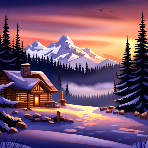 serene landscape, rustic cabin, majestic mountains, misty atmosphere, cozy retreat, warm fireplace, snow-covered peaks, peaceful solitude