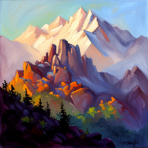 majestic peaks, rugged terrain, atmospheric perspective, muted colors, Impressionism, Hudson River School, light and shadow, texture, acrylic paint, naturalism, serenity, grandeur, scale, plein air, rocky outcroppings, dramatic sky, asymmetry, depth, soft brushstrokes, tranquility, landscape, pixel art, atmospheric lighting