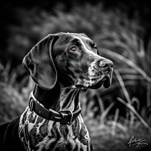 German shorthair pointer, hunting dogs, animal portrait, monochrome, high contrast, dark background, intense gaze, rugged texture, black and white photography, natural lighting, hunting instinct, powerful stance, majestic posture, pedigree breeds, outdoor photography, dog training photographic, nature, outdoor photography, animal behavior, point, prey drive, breeds, hunting, wild game, bird hunting, scent, tracking, camouflaged, agility, trained, field trial, energetic, athletic, muscular, intelligent photographic, sporting dogs, gundogs, pointers, game birds, bird dogs, canine, hunting equipment, camouflage, action shots, hunting techniques, wildlife, hunting season, hunting gear, hunting scenery, stamina, speed, a majestic German shorthair pointer, posing, natural reserve, golden hour light setting, enhancing, deep brown coat, composition, rule of thirds, facing left, impression, movement, background, defocused, atmosphere, green, yellow tones, fur texture, visible, ears, spot markings, high level of detail, capturing essence, breed