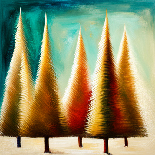 four Christmas tree, textured canvas, oil vintage