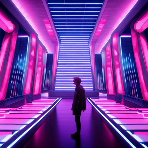retro-futuristic architecture, Wes Anderson cinematography, computer mainframe, cyberpunk aesthetics, futuristic fashion, neon lights, geometric shapes, synthwave music, dystopian future