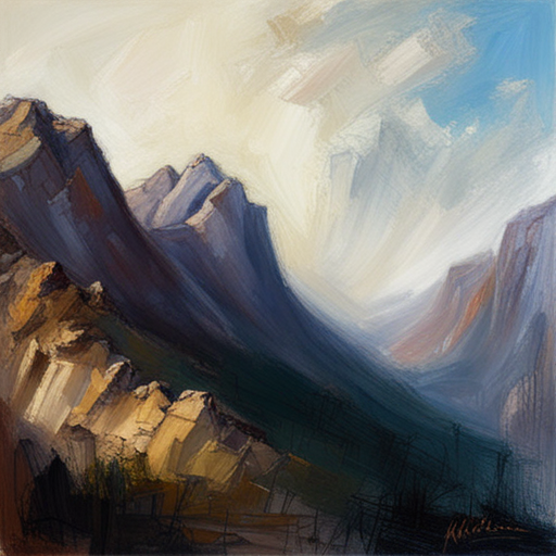 majestic peaks, rugged terrain, atmospheric perspective, muted colors, Impressionism, Hudson River School, light and shadow, texture, naturalism, grandeur, scale, plein air, rocky outcroppings, dramatic sky, asymmetry, depth, soft brushstrokes, tranquility