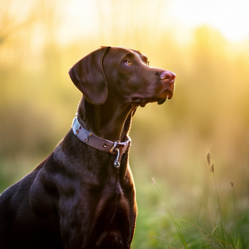 A majestic German Shorthair Pointer posing in a natural reserve, with a golden hour light setting, enhancing its deep brown coat. The composition follows the rule of thirds, with the dog facing towards left, giving an impression of movement. The background is defocused, but still adding to the overall atmosphere with green and yellow tones. The texture of the dog's fur is visible, especially around the ears and spot markings. The image has a high level of detail, capturing the essence of the breed.