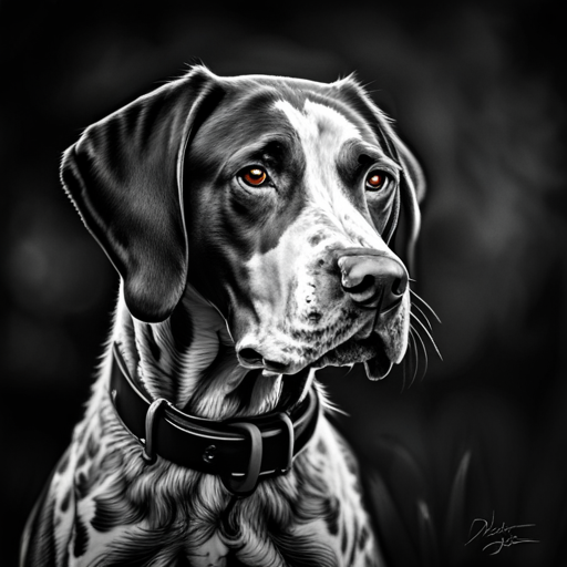 German shorthair pointer, hunting dogs, animal portrait, monochrome, high contrast, dark background, intense gaze, rugged texture, black and white photography, natural lighting, hunting instinct, powerful stance, majestic posture, pedigree breeds, outdoor photography, dog training photographic, nature, animal behavior, point, prey drive, breeds, hunting, wild game, bird hunting, scent, tracking, camouflaged, agility, trained, field trial, energetic, athletic, muscular, intelligent photographic, Sporting Dogs, Gundogs, Pointers, Game Birds, Bird Dogs, Canine, Hunting Equipment, Camouflage, Action Shots, Hunting Techniques, Wildlife, Hunting Season, Hunting Gear, Hunting Scenery, Stamina, Speed, A majestic German Shorthair Pointer posing in a natural reserve, with a golden hour light setting, enhancing its deep brown coat, the composition follows the rule of thirds, defocused background with green and yellow tones, visible texture around the ears and spot markings, high level of detail, capturing the essence of the breed.