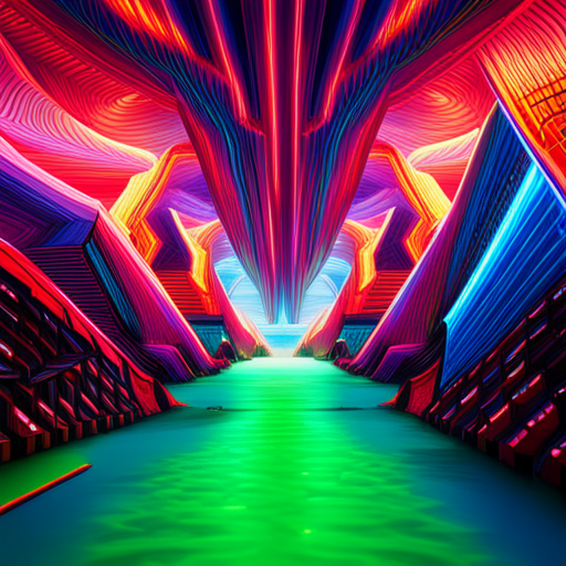surrealism, glitch art, electric intensity, arcade machines, cyberpunk, virtual reality, 3D animation, megastructures, chaos, rhythmical patterns, psychedelic colors, futuristic textures, digital sparks, neon lights, pixelated explosions