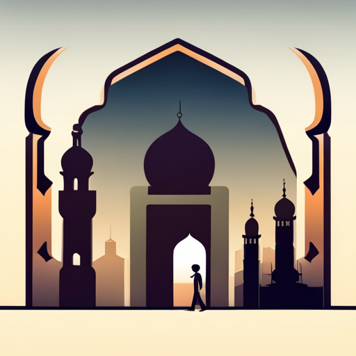 symbolic masjid, rounded border, border shadow, clock, time 04:10, caption, walking distance, location