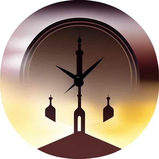 symbolic masjid, rounded border, border shadow, clock, 04:10 time, caption, 7 minutes walking distance, location