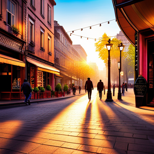 early morning light, peaceful scenery, vibrant colors, urban landscapes, city streets, architectural elements, shadows and highlights, serenity, daily routines, sunlight filtering through trees, quaint cafes, bustling restaurants, people walking, evening ambiance, streetlights, cityscape, charming buildings