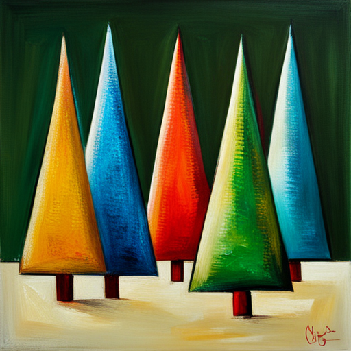 four, Christmas tree, textured canvas, oil vintage