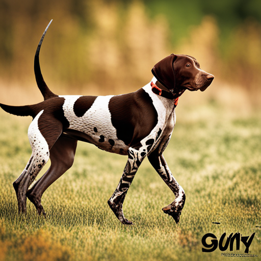 German shorthair pointer, hunting dogs, nature, outdoor photography, animal behavior, point, prey drive, breeds, hunting, wild game, bird hunting, scent, tracking, camouflaged, agility, trained, field trial, energetic, athletic, muscular, intelligent, sporting dogs, gundogs, pointers, game birds, canine, hunting equipment, camouflage, action shots, hunting techniques, wildlife, hunting season, hunting gear, hunting scenery, stamina, speed, a majestic German Shorthair Pointer posing, natural reserve, golden hour light setting, deep brown coat, rule of thirds, movement, defocused background, green tones, yellow tones, dog's fur texture, high level of detail, capturing essence of breed