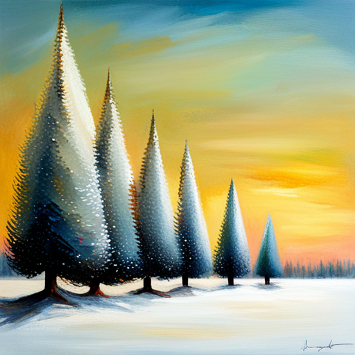 four Christmas tree, white background, textured canvas, oil, vintage