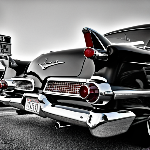 vintage, automobiles, nostalgia, 50's era, chrome, fins, Detroit, American muscle, classic lines, black and white, road trip, iconic, timeless design, retro, horsepower, tail lights, drive-in, shiny, sleek, car shows, collectors, restored, garage, speed, history, craftsmanship, mid-century modern design, monochromatic tones, glamorous Hollywood stars, Route 66