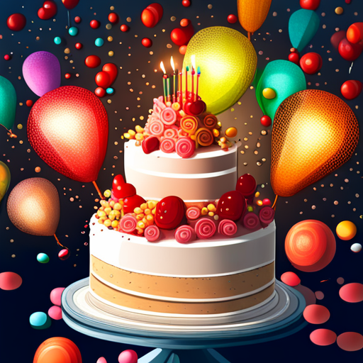 celebratory, festive, colorful, birthday cake, balloons, candles, confetti, party hats, presents, joy, happiness, friends, family, memories, milestones, age, growth, fun, surprise, laughter, celebration, vibrant, energetic, whimsical, playful, digital illustration