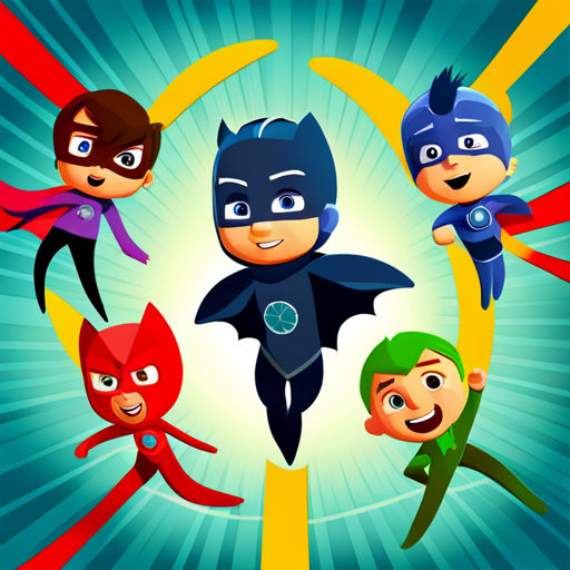 animated characters, children's television show, superhero, PJ Masks, cartoons, vibrant colors, action-packed, comic book style, dynamic poses, energetic, exaggerated expressions, adventurous, stylized animation