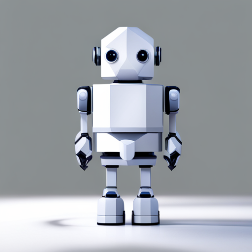 Front-facing robot with a cute and tiny design, characterized by geometric shapes and minimalist composition. The low-poly style enhances the simplicity of the design and is perfect for a digital-art piece. White background provides a clean and modern look.