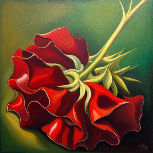 romanticism, still-life, delicate, petals, thorns, emotional symbolism, warm lighting, chiaroscuro, oil painting, impressionism, fragility, red, life cycle, nature, art nouveau