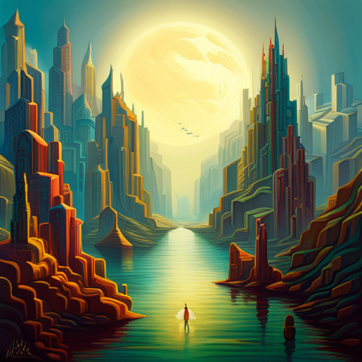 whimsical, dreamlike, Jules Verne, surrealism, vibrant colors, vast landscapes, floating worlds, magical realism, retro-futurism, atmospheric perspective, mythical creatures, fantasy elements, exaggerated proportions, ethereal light, epic scale, steampunk influences