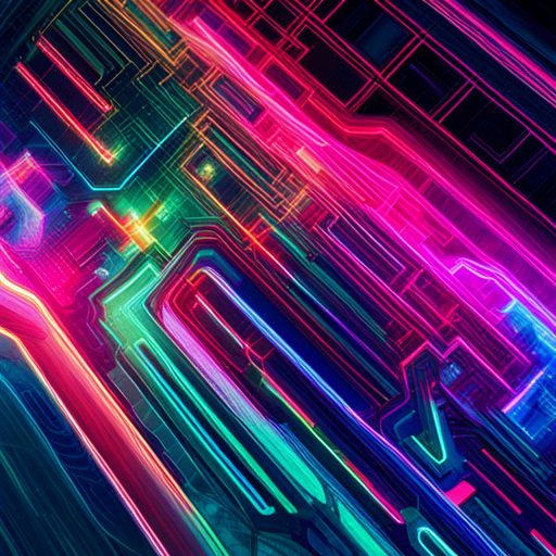 futuristic, artificial intelligence, generative art, technology, complex patterns, cyberpunk, machine learning, wires and circuits, neon colors