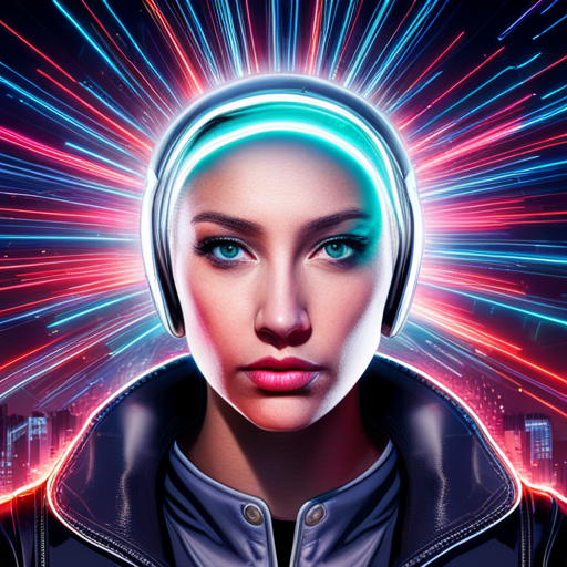 neon lights, hacking, dystopia, AI overlords, hi-tech, augmented reality, transhumanism, cyborgs, digital consciousness, cybernetics, cyberwarfare, virtual worlds, rebellion, globalization