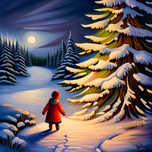Winter, Children, Christmas Tree, Painting, Vintage, Oil on Canvas, Artistic Composition, Soft Lighting, Cozy Atmosphere, Nostalgic, Traditional Art, Holiday Theme, Precise Brushstrokes, Rich Colors, Detailed Texture, Warm Palette, Timeless, Classic, Romantic, Charming, Playful, Joyful, Cultural References, Large Scale, Traditional Medium, Framed, Naturalistic, Realistic, Winter Landscape