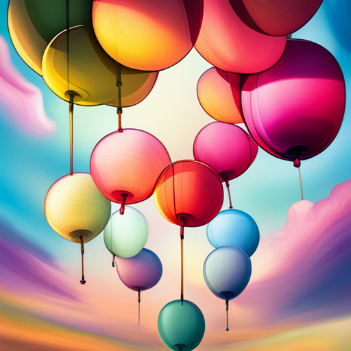colorful balloons, floating in the sky, vibrant, joyful, celebration, party, whimsical, surreal, dreamlike, fantasy, fantasy-art, soft pastel colors, playful, cheerful, movement, organic shapes, transparent, light, shadows