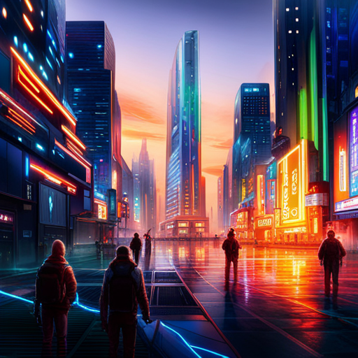 futuristic, sci-fi, city, nature, good guys, win, neon lights, cyberpunk, dystopian, utopian, advanced technology, environmental harmony, victory, rebellion, bright colors, dark alleys, towering skyscrapers, lush greenery, futuristic architecture, cybernetic enhancements, luminous signs, resilient heroes, urban jungle, digital age, sustainable ecosystem