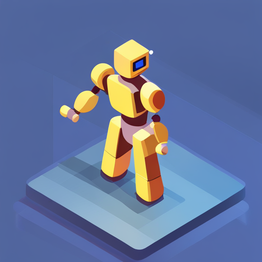 Isometric perspective, geometric shapes, plastic material, robot design, application mascot, low-poly modeling technique