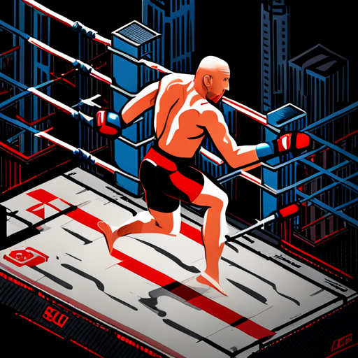 An isometric digital art representation of GSP explores the intricate movements, intense training, and precise techniques of Georges St-Pierre in the world of mixed martial arts, capturing his resilience, agility, and calculated fighting style. The artwork utilizes contrasting textures to emphasize the power and precision of his strikes, incorporating pops of red and blue to represent both his Canadian heritage and the colors of the UFC. The piece is framed in a dramatic, angular composition to capture the intensity of the octagon and creates a sense of depth through isometric perspective. In the background, bold geometric shapes nod to the style of '80s video games while representing the various facets of GSP's personality and his unique journey to becoming one of the most dominant fighters in MMA history.