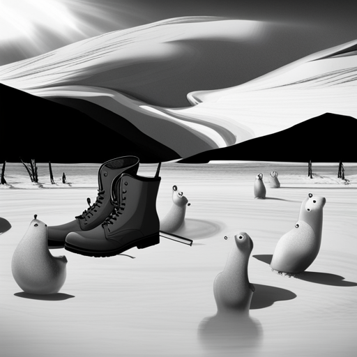 surrealism, winter, playful, grayscale, graphical, Arctic animals, animation, looping, ice skating, sliding, comedy