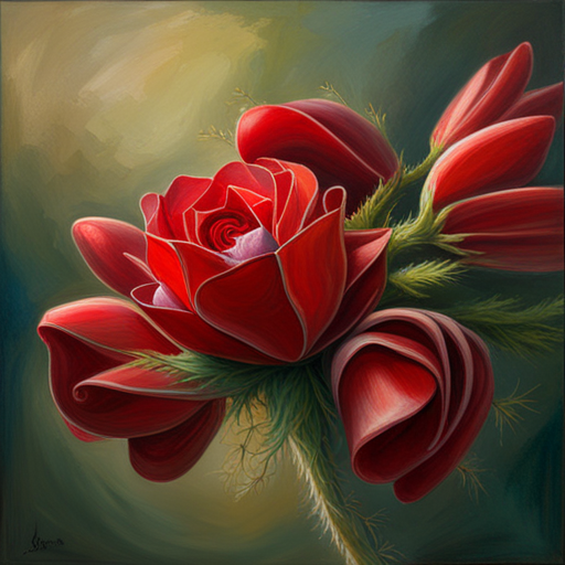 romanticism, still-life, delicate, petals, thorns, emotional symbolism, warm lighting, chiaroscuro, oil painting, impressionism, fragility, beauty, red, life cycle, nature, art nouveau