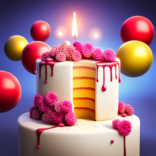 birthday, celebration, 3D, realistic, cake, candles, balloons, confetti, party, joy, colorful, vibrant, festive, lighting, composition, textures, materials, modeling, perspective, movement, scale, geometric shapes, fun, happiness, special occasion